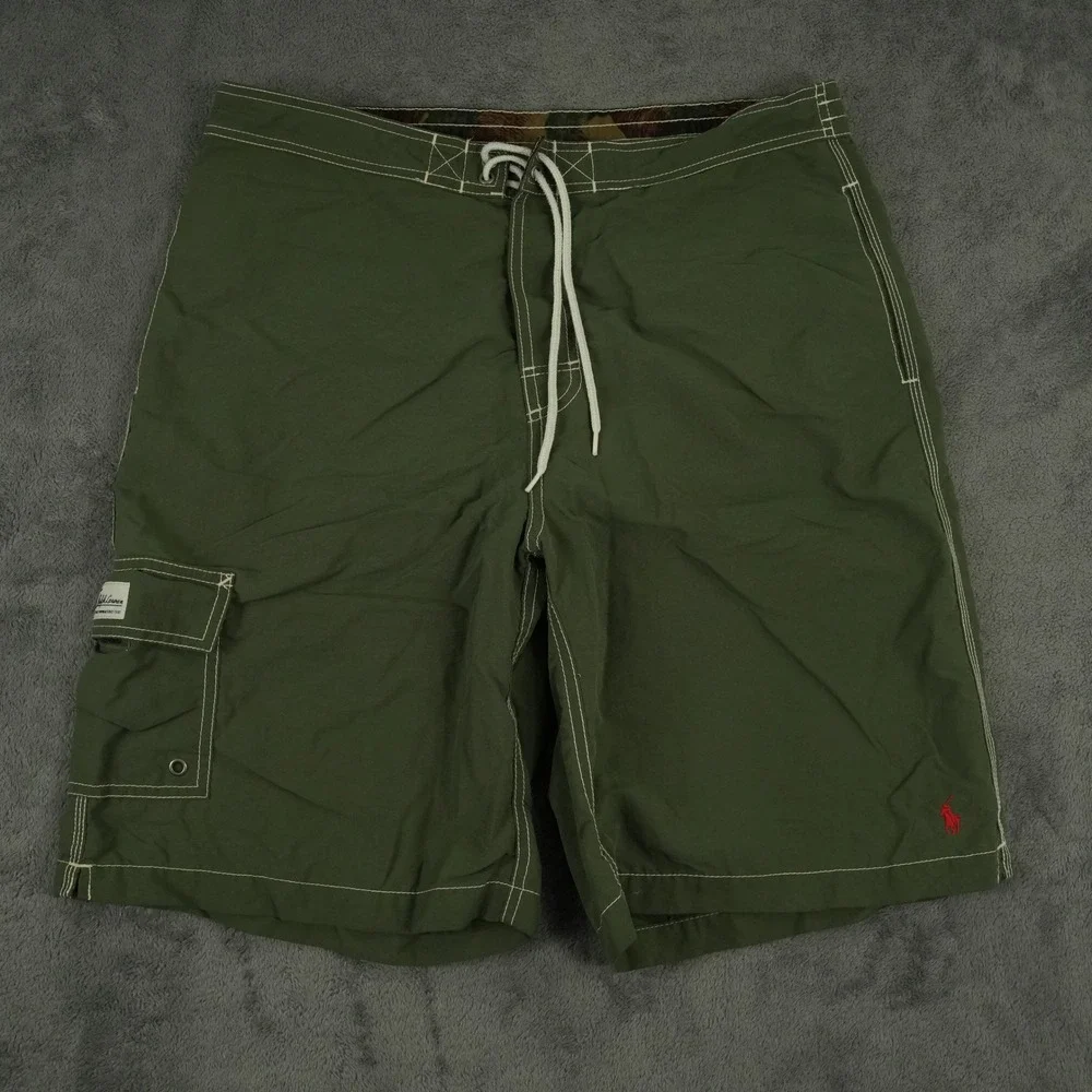VTG Polo Ralph Lauren Swim Trunks Men M Green Cargo Board Shorts Pony Logo Lined